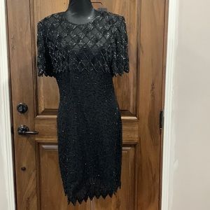 Black Vintage 80s Lawrence Kazar New York Silk Sequin Beaded Dress - Size Large